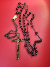 ANCIEN GRAND CHAPELET MEMENTO MORI PERLES BOIS CRANE CHRIST CROIX BRONZE