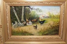 TABLEAU HUILE SUR TOILE POULES ET COQ SIGNATURE ILLISIBLE