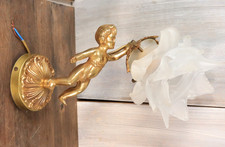 Ancienne Applique Murale Ange Putti Angelot Bronze Doré Tulipe en Verre Fleur