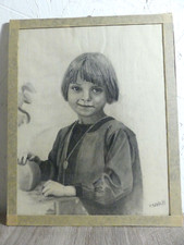 Dessin au Fusain Fillette / Début 20th France / Enfant Fille Tableau