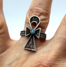 Ancienne Bague en Argent Massif Filigrané Croix de Vie ANKH Egyptienne Ajustable