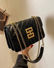 Sac D’épaule A Bandoulière A Rabat Noir Femme Simili Cuir Matelassé Chaîne Doré