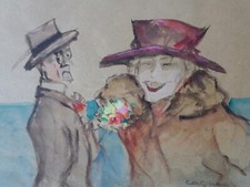 Jean d'Esparbès (1899 - 1968)-Tableau-Aquarelle-femme/homme-Cagnes-atelier