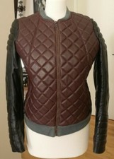 Blouson femme en cuir bombers noir et bordeaux, style motard