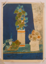 Ancienne lithographie EA, bouquet de campanules, Guy Bardone, 1969.