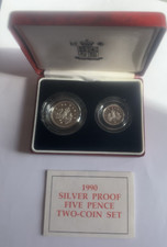 COFFRET EPREUVE SET 2 COIN PIECES 1990 PROOF 5 PENCE ROYAL MINT ARGENT SILVER