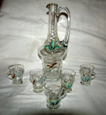 Service a Liqueurs vers 1900 en Verre Soufflé et Emaillé Muguet et Insectes 