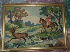 Tableau avec cadre chasse à cour cavalier canevas brode tissé tapisserie vintage