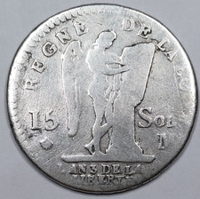 RARE R2 Monnaie Argent, 15 Sols au Génie 1791 M (Toulouse) - Louis XVI