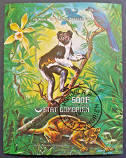 Comores 1976 Mini-feuille timbre Aérien Animaux Menacés Indri CTO