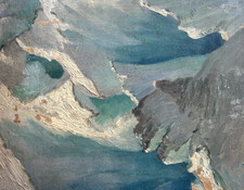 Tableau ancien paysage de montagne original, hiver, neige