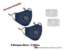 2 Masques tissu lavable avec valve, en coton bleu  2  filtres 2.5 PM  poussière