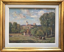 Tableau d' Abel Gay vue de Morestel avec ses vaches Ecole lyonnaise