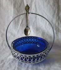 Ancien sucrier Confiturier Verre bleu Cobalt Vintage Petite Cuillère D'origine