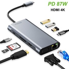 Hub USB-C 10en1 HDMI 4K VGA RJ45 PD87W USB3.0 SD/TF – Adaptateur Multiport Alumi