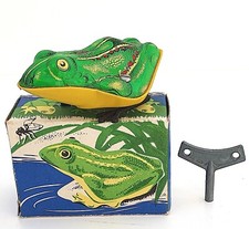 GRENOUILLE QUI SAUTE VEB EN R.D.A. ANCIEN JOUET MÉCANIQUE DANS BOÎTE  FONCTIONNE