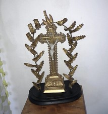 Antique french wedding bridal dome 19thc Bridal Brass Cross Crucifix Wood