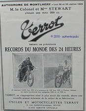 PUBLICITE TERROT MOTO AUTODROME MONTLHERY 24H COLONEL STEWART DE 1926 FRENCH AD