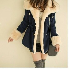 Femme Faux Peau de Mouton Manteau Doublure Polaire Revers Mi Longueur Bas Slim