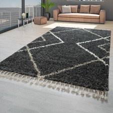 Tapis Poils Longs Gris Anthracite Salon Shaggy Scandinave Design Losanges