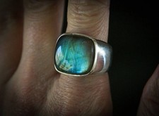 Bague chevalière pour homme en argent massif 925 AA pierre précieuse bleue...