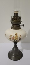 Ancienne Lampe À Pétrole En Porcelaine Et Etain Hauteur 52 Cm Vintage 