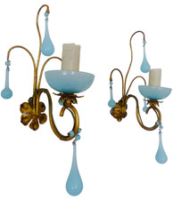 1930 MURANO Antique PAIR Wall Light Aqua Blue Opaline Drops Cup Bead Sconces OMG