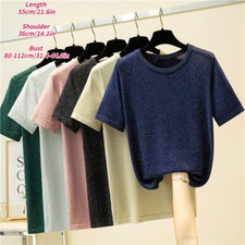 Femme Brillant Tricot Pull Slim Manche Courte Pull Paillette Court Haut Fin