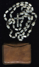 French Antique Mother of Pearl Victorian Rosary Hand Made With leather pocket