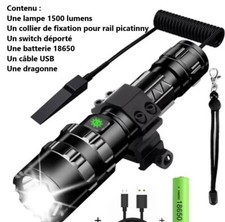 Lampe tactique 1500 lumens rechargeable par USB avec attache rail picatinny