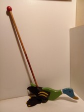 CIJ F Canard à pousser avec tige commande pattes palmées en bois 1/2 TBE 