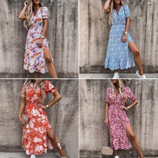 Robe Longue Pour Femmes Robe De Plage Manches Courtes Col En V Multicolore /