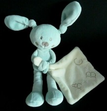 *. DOUDOU PELUCHE POMMETTE INTERMARCHE LAPIN BLEU MOUCHOIR BLANC ECRU ABC NEUF*