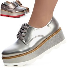 Dames Chaussures À Lacets Derby Métalliques À Talon Plat