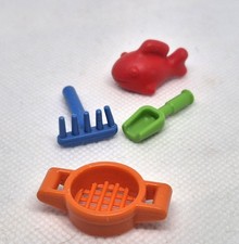 4 ACCESSOIRES DE PLAGE RATEAU PELLE POISSON TAMIS ORANGE JOUETS PLAYMOBIL...