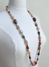 Collier Sautoir Perles Pierre Agate Brun Gris Vert 95 cm