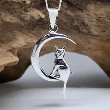 Collier pendentif chat lune argent sterling 925 amoureux des chats félins 18"...