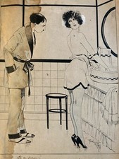beau Dessin Encre Crayon 1920 Art Déco Femme Erotique René GIFFEY Humour Deco
