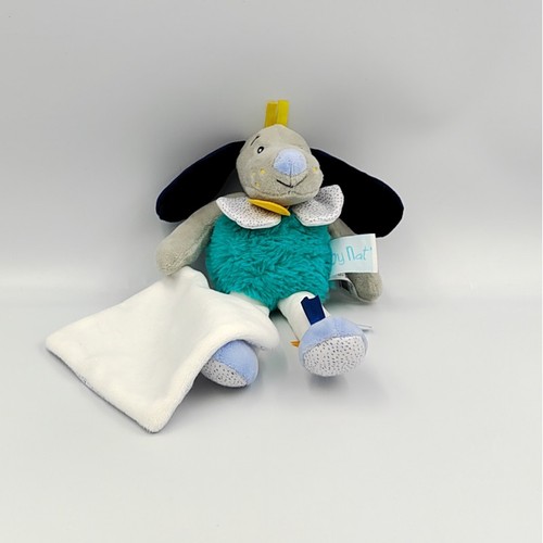 Doudou chien bleu vert gris