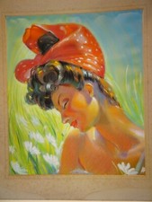 Superbe Pastel des années 40 Femme au Foulard Ecole Russe signature à Identifier