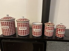 Ancienne Serie De 5 Pots Emaillees Signe Bb 18201 Manque Couvercle Pates Deco 