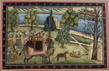 Tableau ancien original éléphant indien et peuple, animaux