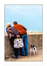 Curiosité Dans un port deux personnages leur chien et un sac à main