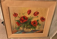 Vieux Huile ? -gemälde / Image " Fleurs de Coquelicot " sur la Toile 79x68cm