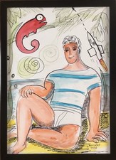 Bernard ROLLAND né en 1954.Le caméléon,2020.Encre et aquarelle.SBD.42x30.Cadre
