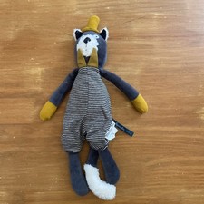 Doudou Peluche chat Les Moustaches Moulin roty 38 cm Bleu Marine Jaune Moutarde