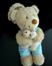 i5. DOUDOU PELUCHE TEX MUSICAL OURS BLEU VERT MOUTON DS LES BRAS 28cm - TTBE