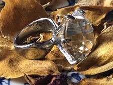 Bague de cocktail ancienne cristal solitaire argenté T52 Vintage 1980-1990