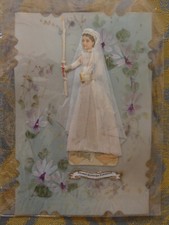 Image pieuse gelatine premiere communion format Carte postale . aube en tissu