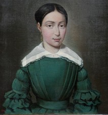 DANIEL ALEXIS BOURRIT  1838 -GRAND & BEAU PORTRAIT- JEUNE FEMME A LA BOUCLE D'OR